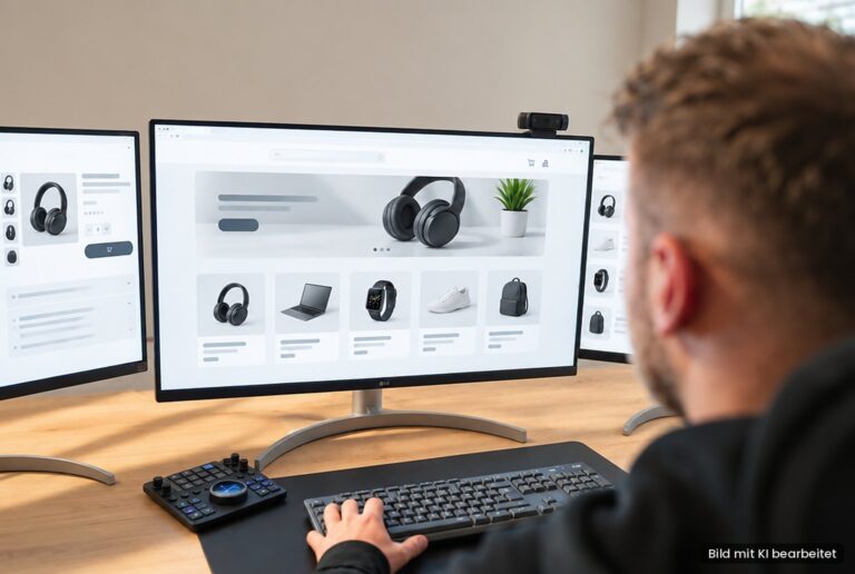 Webdesigner arbeitet am Schreibtisch an einem Onlineshop auf drei Bildschirmen (Bild mit KI bearbeitet)